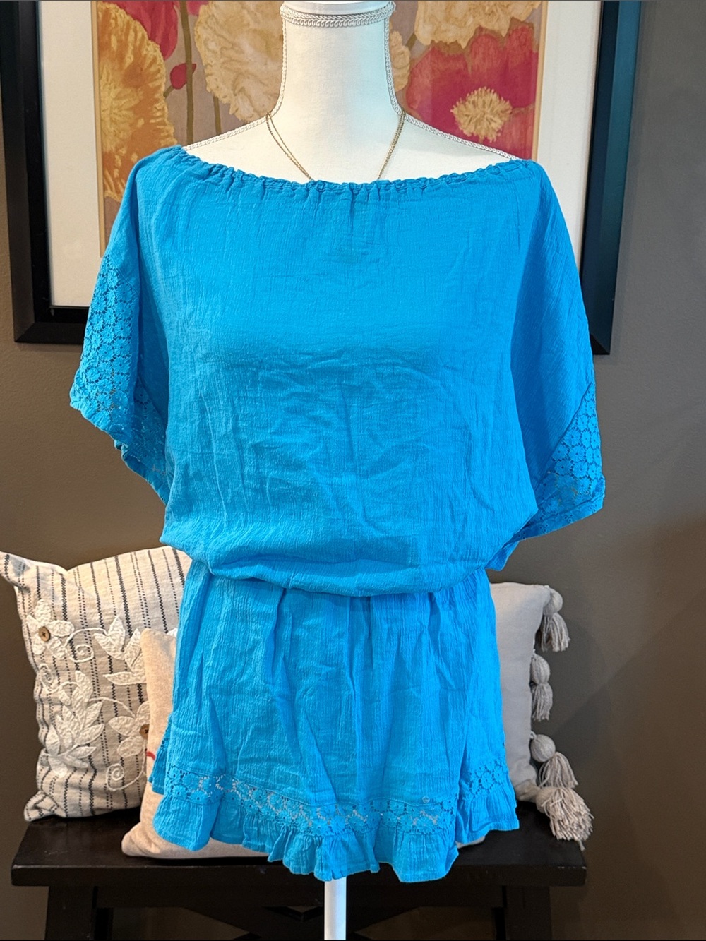 VICTORIA'S SECRET Swim Cover-Up Dress Cotton Off-Shoulder Turquoise Blue Size M